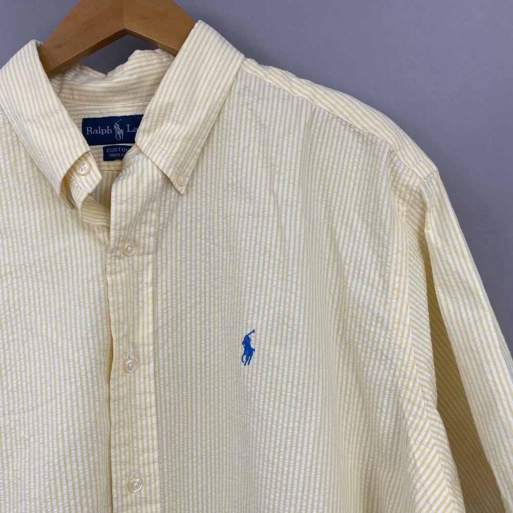 Ralph Lauren Seersucker Button Down Shirt Mens XL Yellow Stripe Short Sleeve vtg